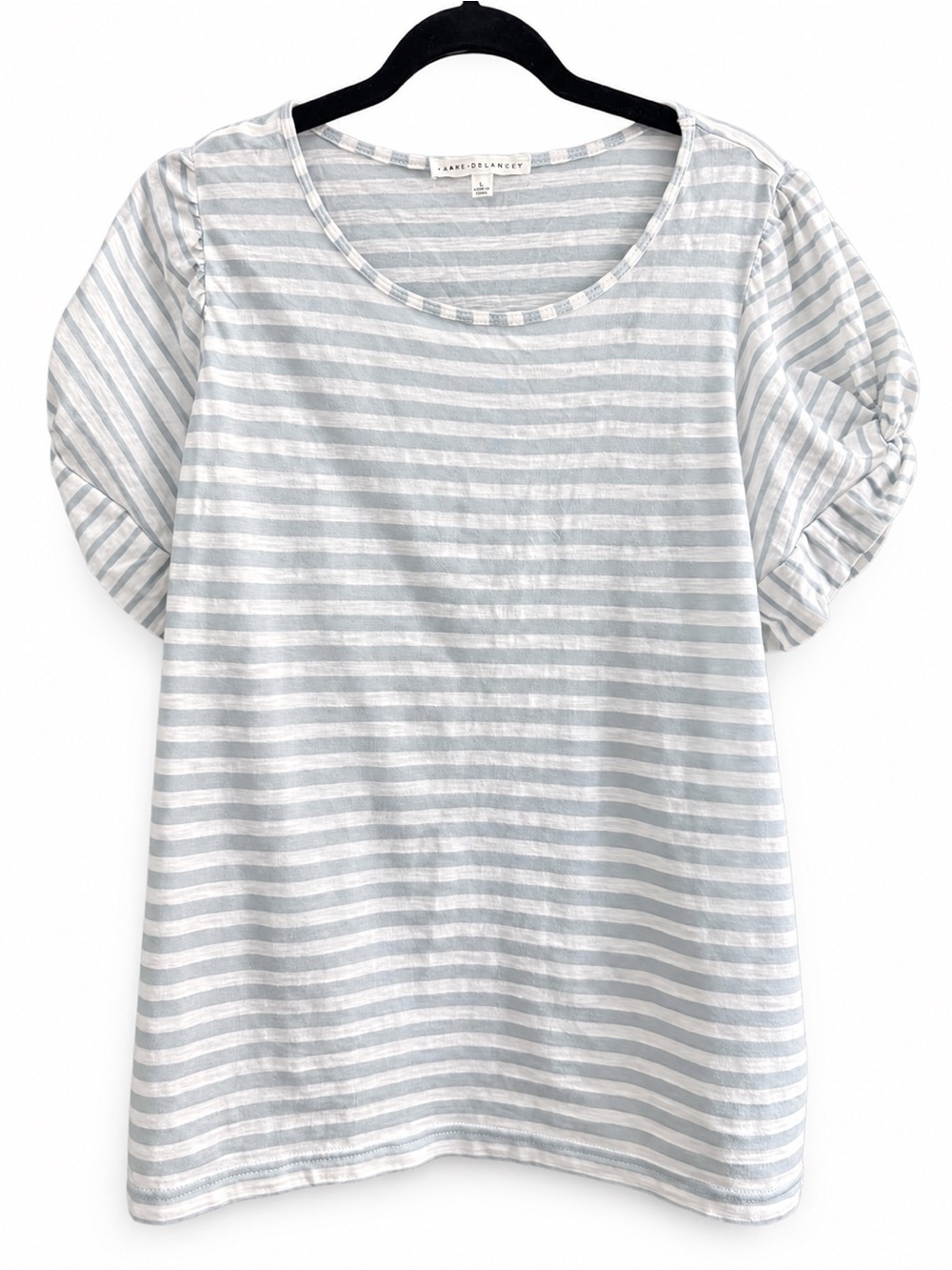 Jane and Delancey Light Green and White Striped Puff-Sleeve Tee